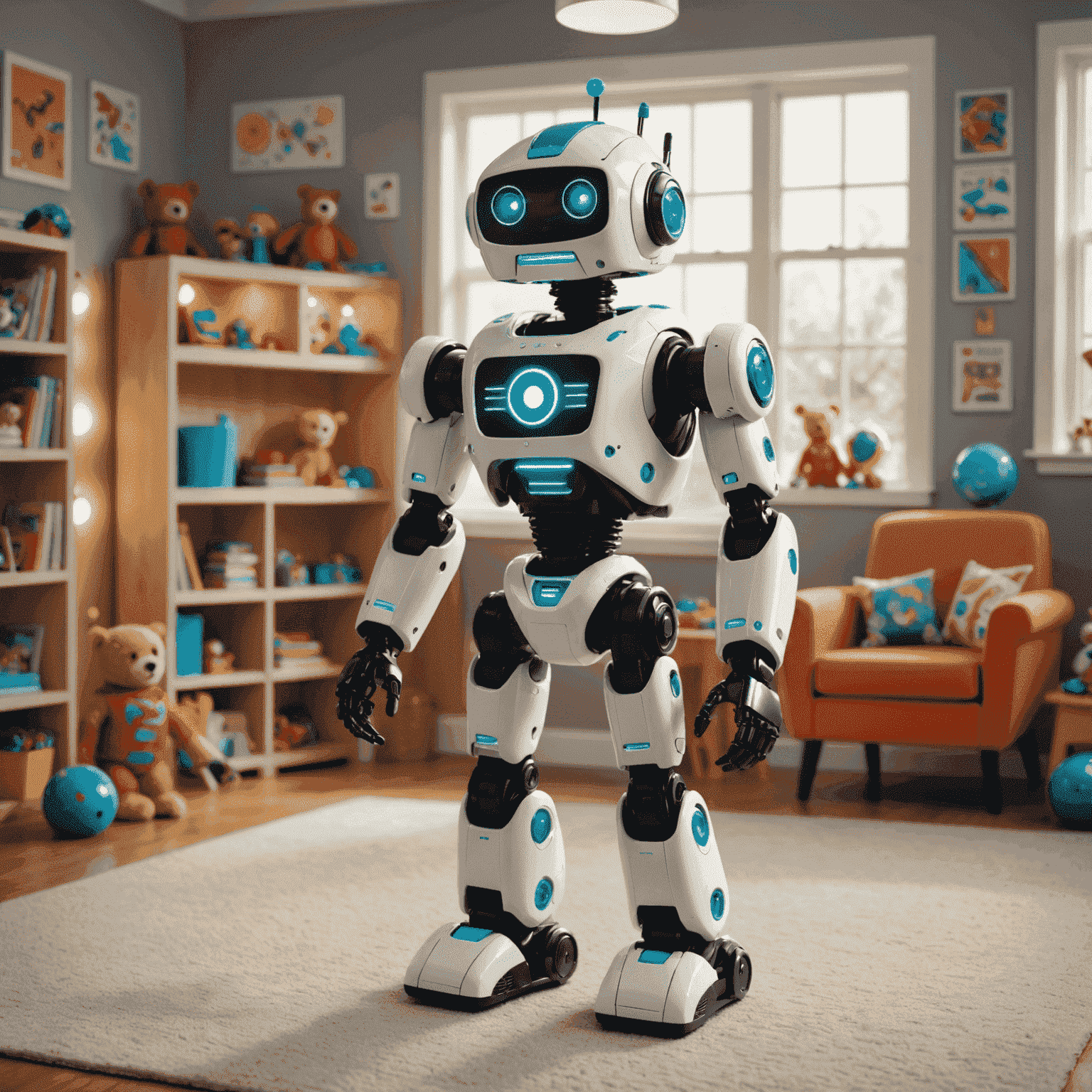 A futuristic, friendly-looking robot toy with glowing eyes and smooth edges, standing in a playroom surrounded by curious children