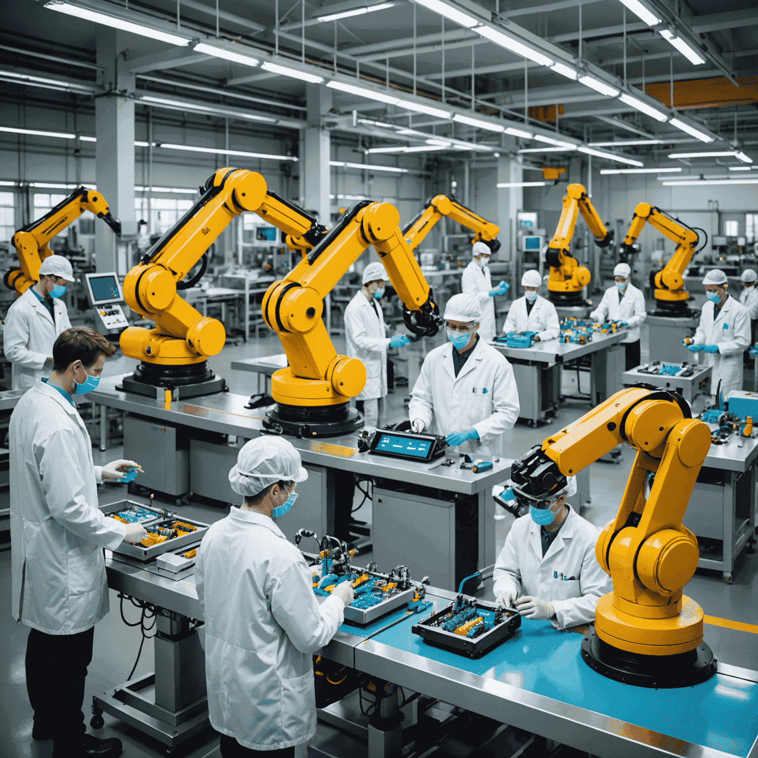 A modern factory floor with robotic arms assembling AI-enhanced toy robots. Workers in lab coats are overseeing the production process, while conveyor belts carry colorful robot components.