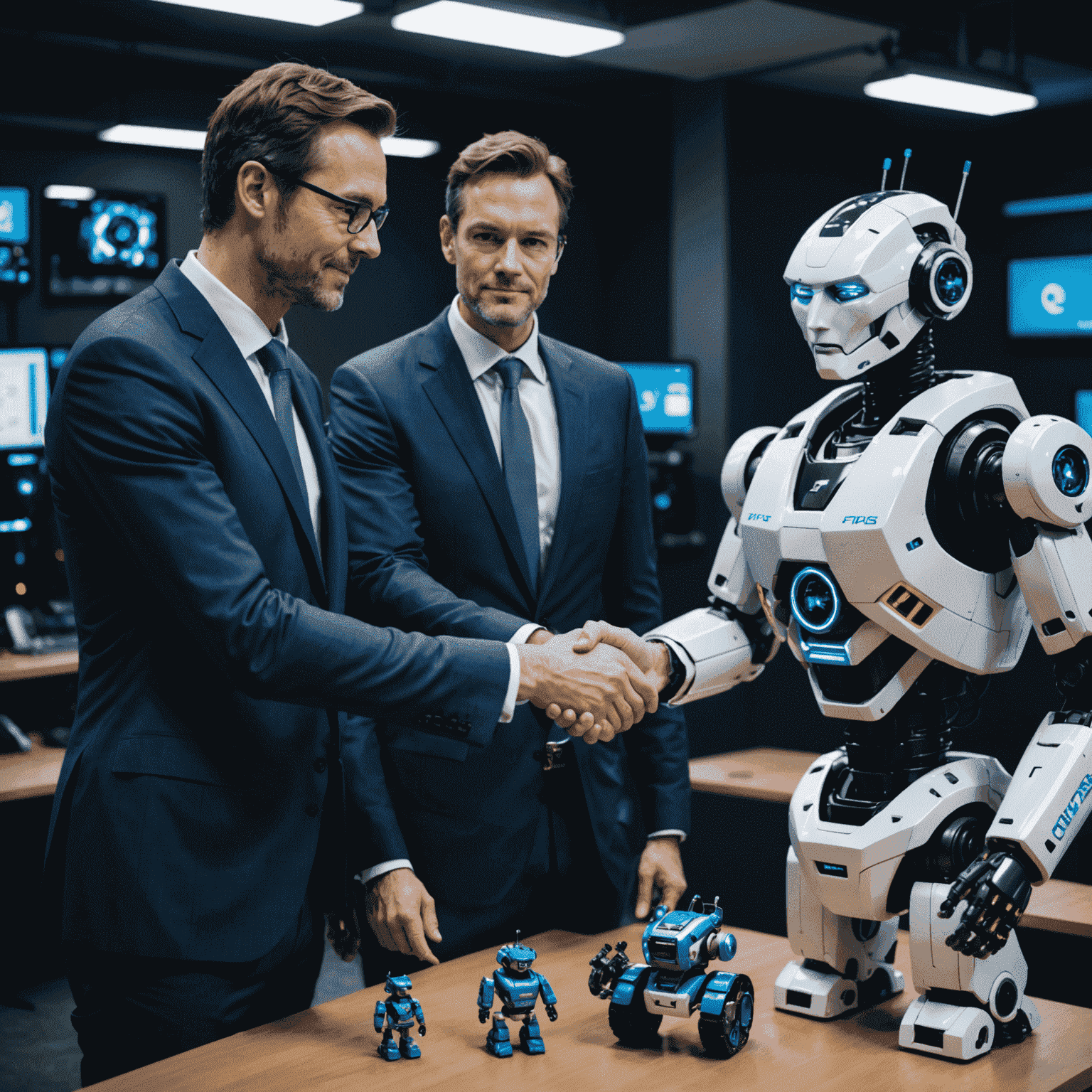 Optimus Robotics LTD CEO shaking hands with AI company representative, surrounded by toy robots with glowing AI interfaces