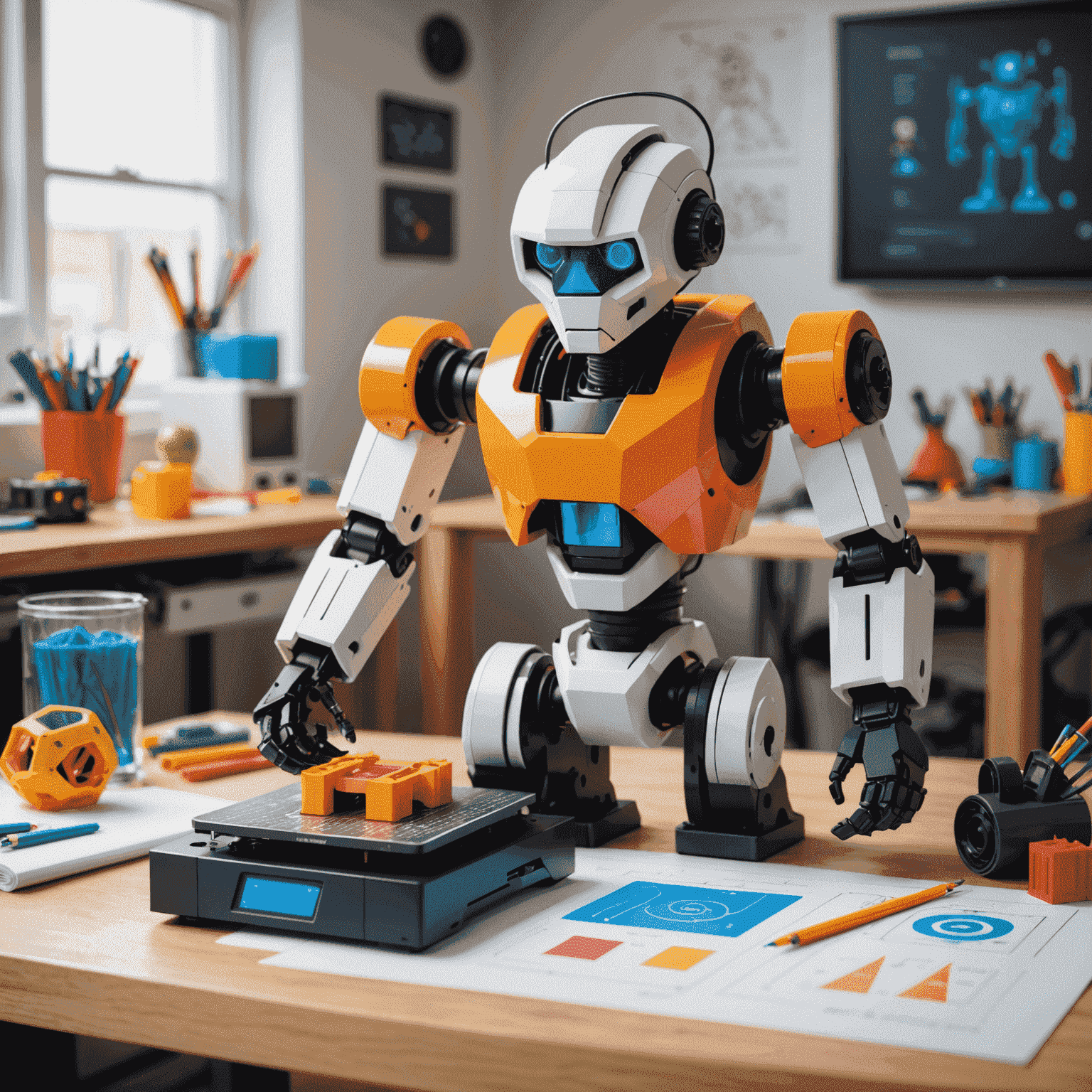 A 3D printer creating a colorful robot toy prototype, with design sketches and blueprints in the background