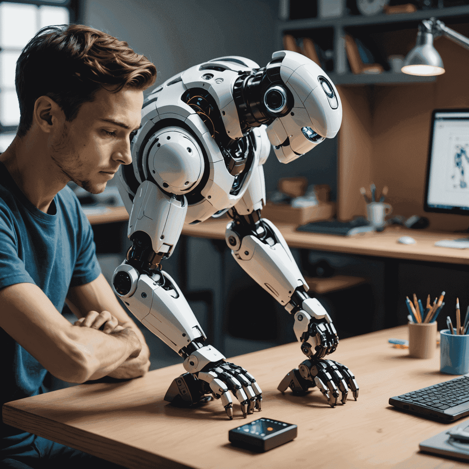 A detailed image of a robot toy prototype being designed. The prototype shows a sleek, futuristic design with visible AI components. A designer is shown making adjustments to the robot's arm, showcasing the customization process.