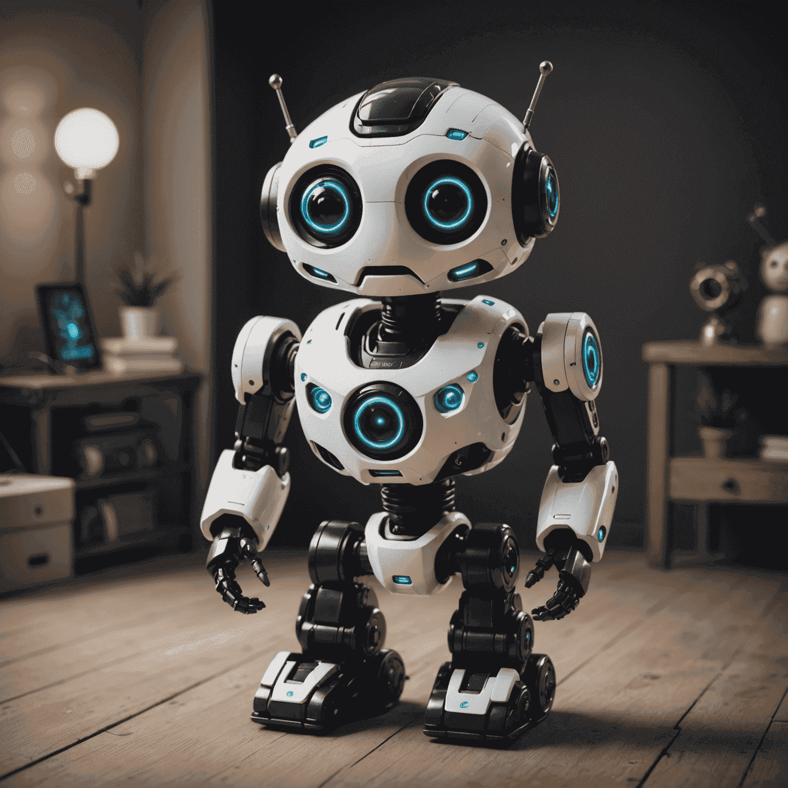 A futuristic toy robot with glowing eyes and a friendly expression, demonstrating advanced AI capabilities