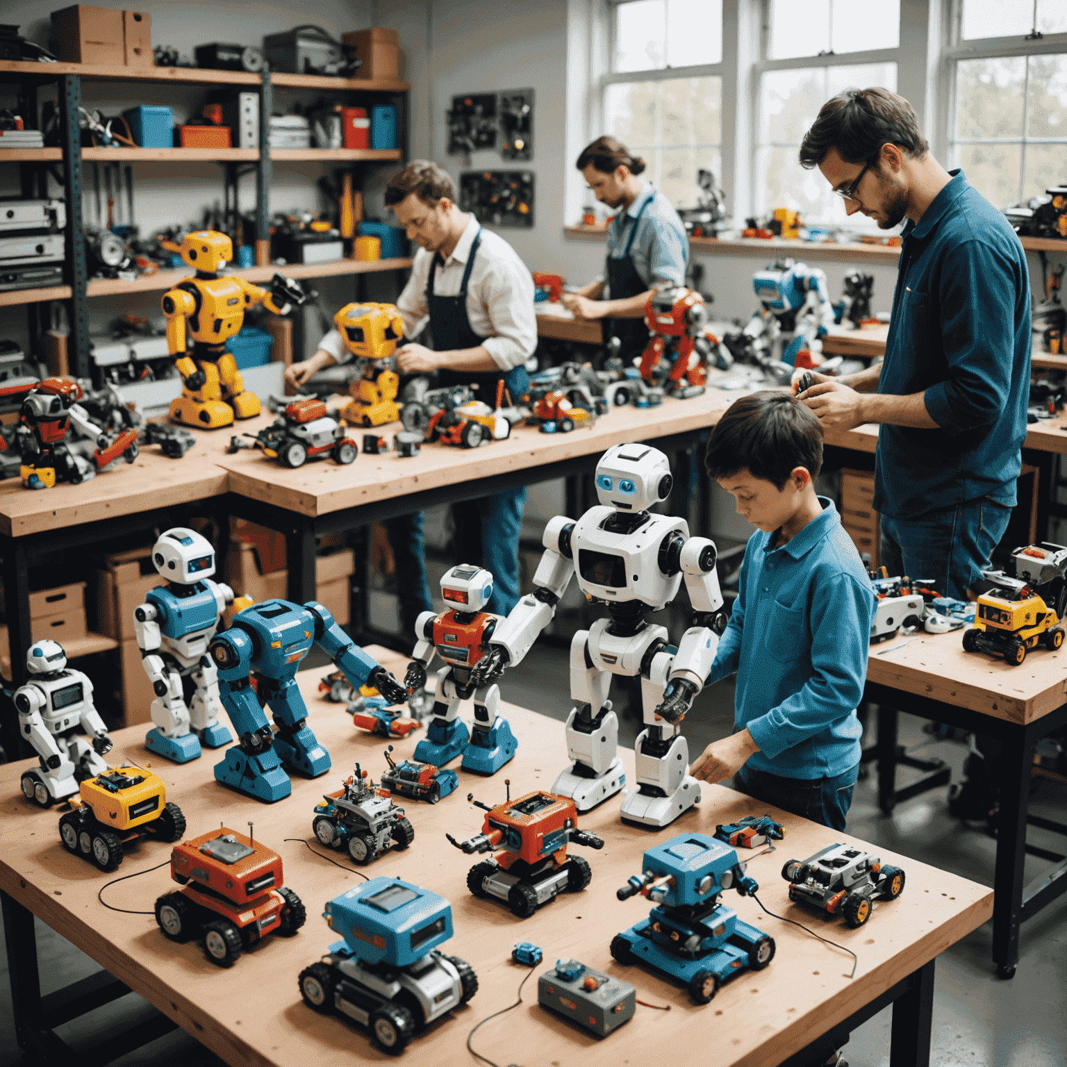 A small workshop with technicians carefully assembling robot toys. Various colorful robot parts are spread across workbenches, and a few completed robot toys are displayed in the foreground.