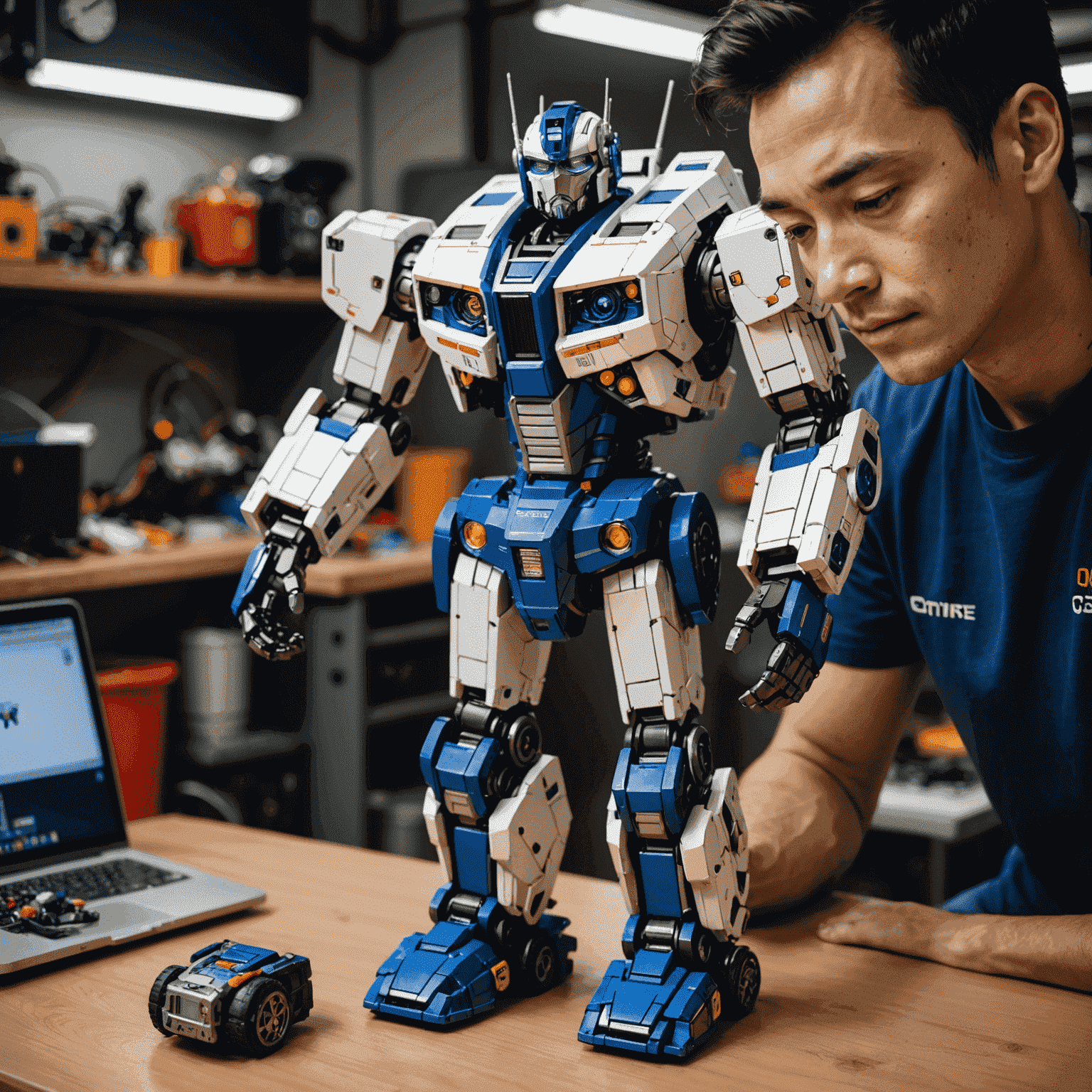 A technician customizing an Optimus robot toy, adjusting its color scheme and adding personalized features