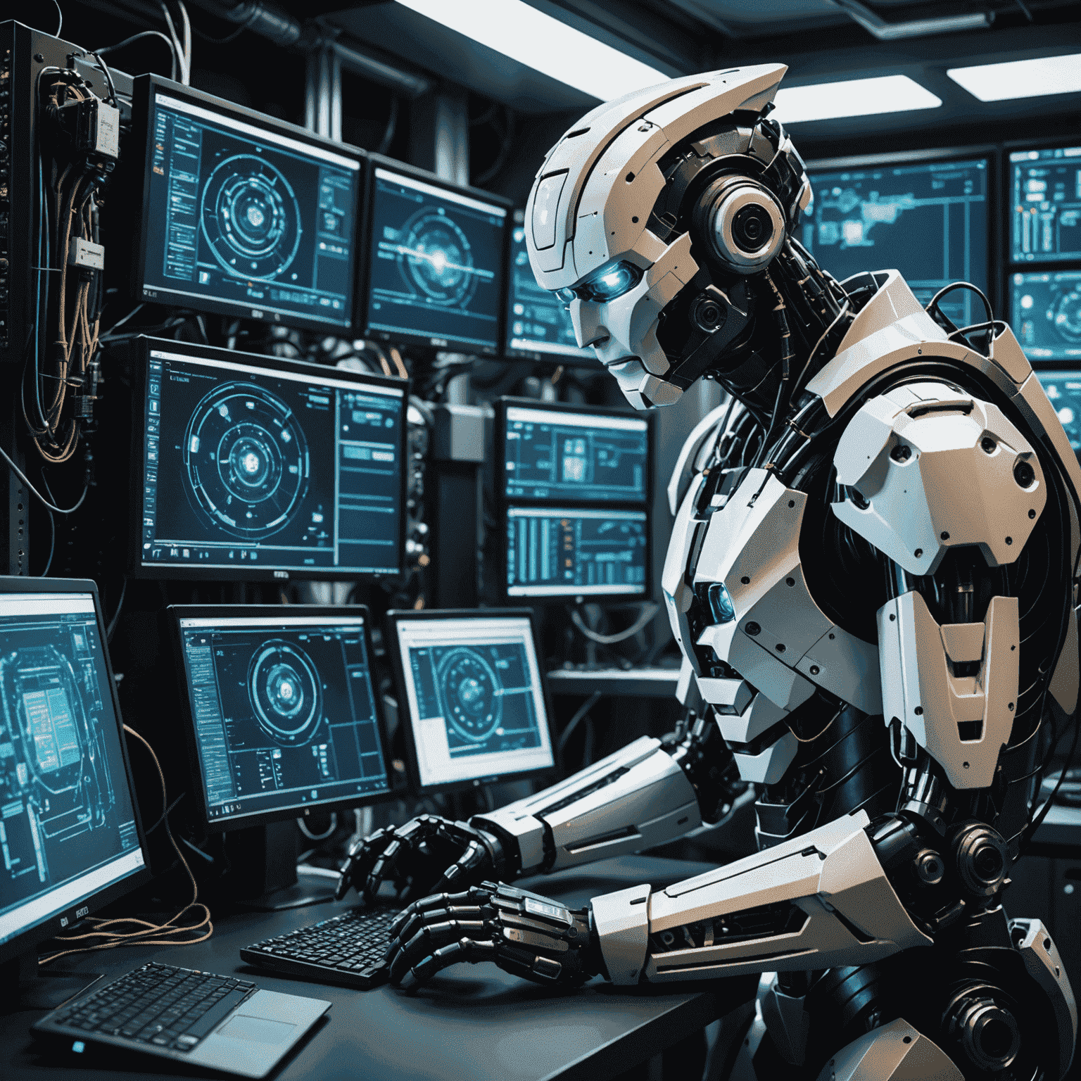 A technician working on an Optimus Robot, surrounded by computer screens displaying various diagnostic information and software update progress bars. The robot has its panel open, revealing intricate circuitry and AI components.