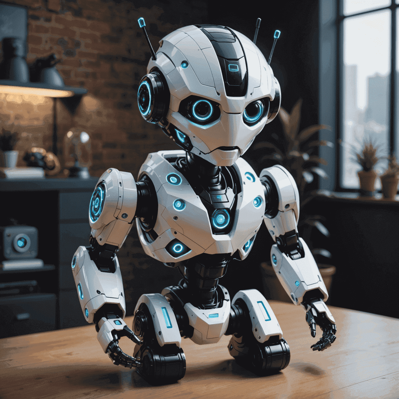 A futuristic toy robot with a holographic AI interface, showcasing advanced interactivity and intelligence