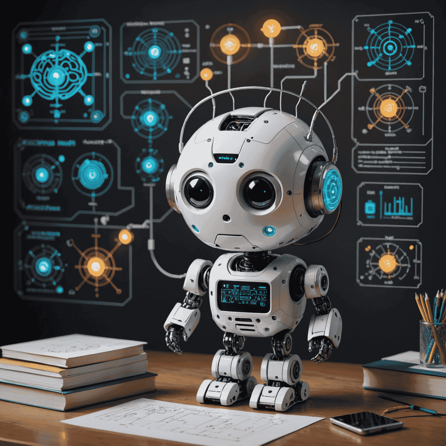 A robot toy with a glowing brain, representing AI, surrounded by code and circuit diagrams