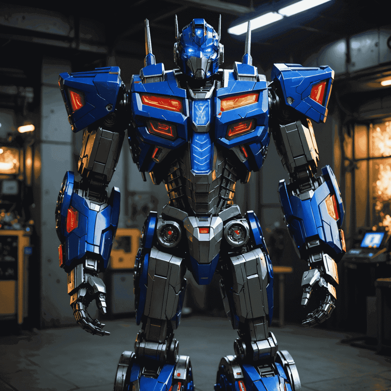 A showcase of the latest Optimus Prime AI prototype. The robot toy is standing tall, with glowing blue eyes and intricate metallic details. It's displayed in a futuristic setting, emphasizing its advanced AI capabilities.