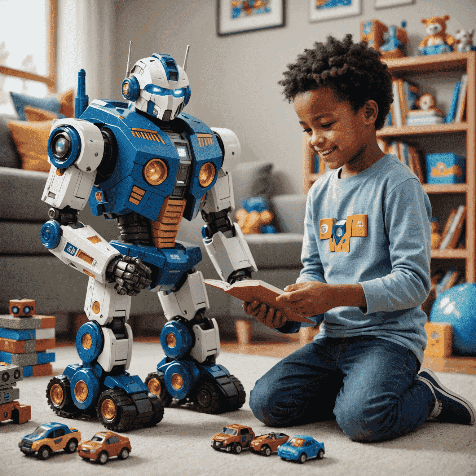 A child interacting with an Optimus robot, both looking engaged and happy, surrounded by educational toys and books