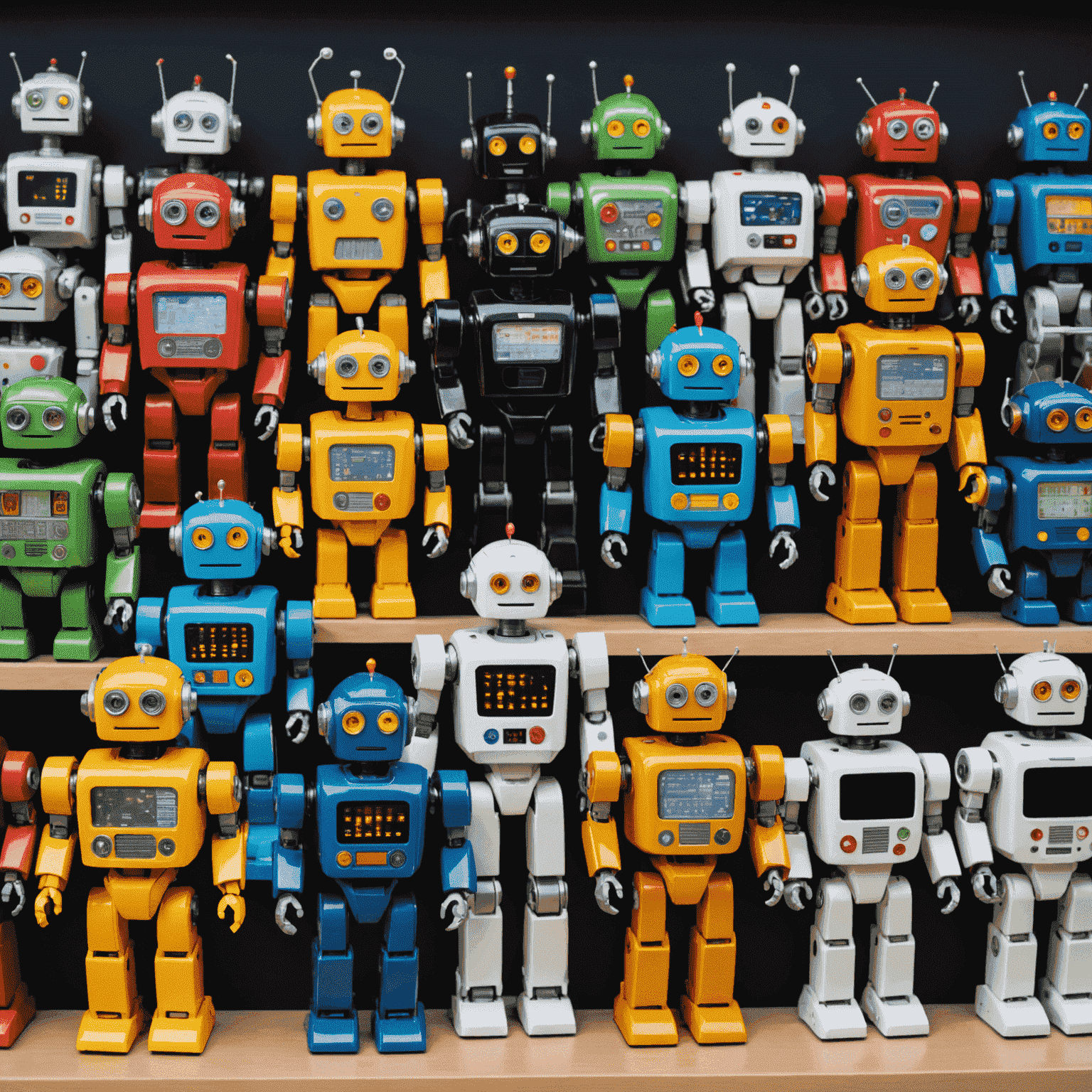 A group of diverse, colorful robot toys lined up on a display shelf. Each robot has unique features and designs, showcasing the variety and quality of small-scale production.