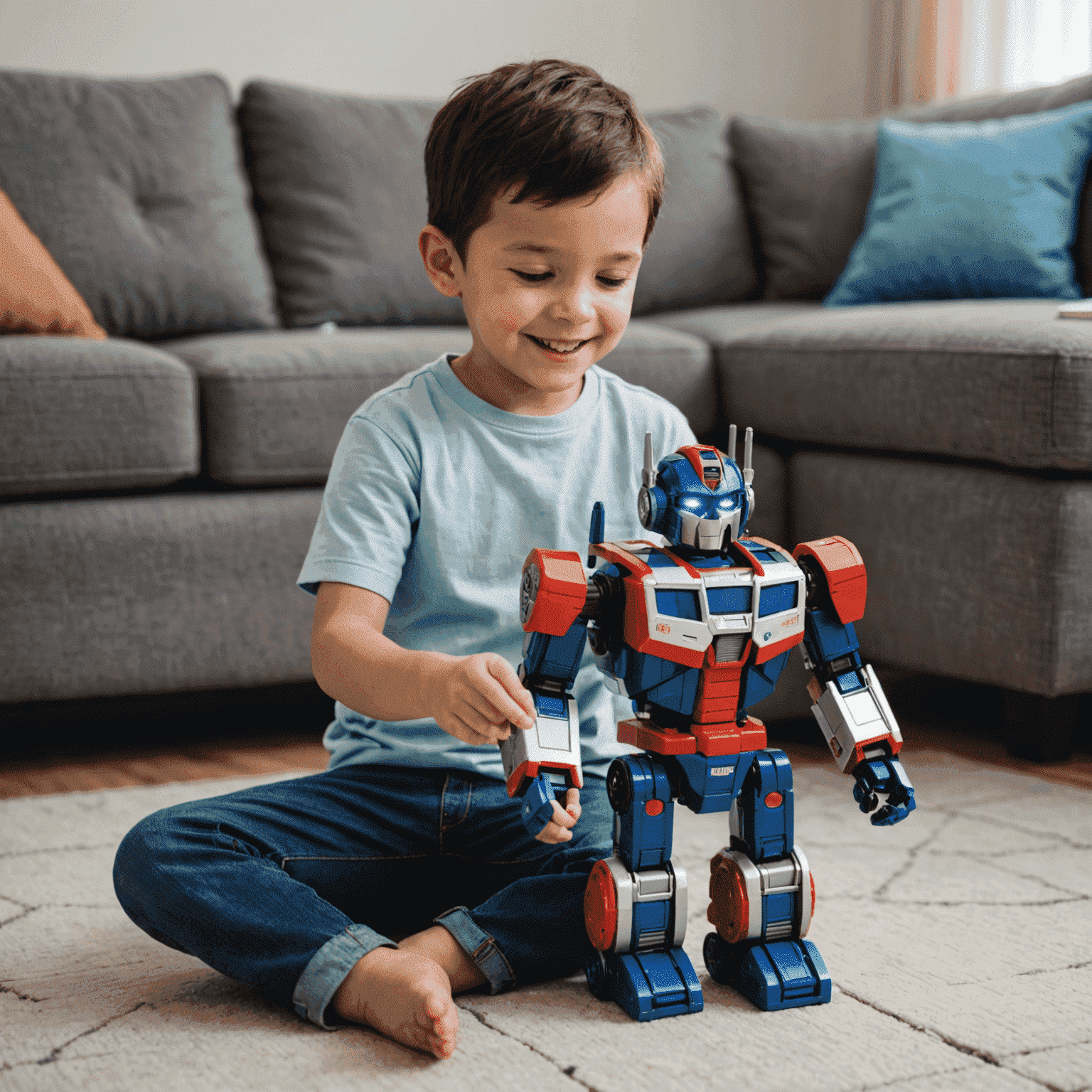 A happy child playing with their customized Optimus robot toy, showcasing unique colors and personalized features