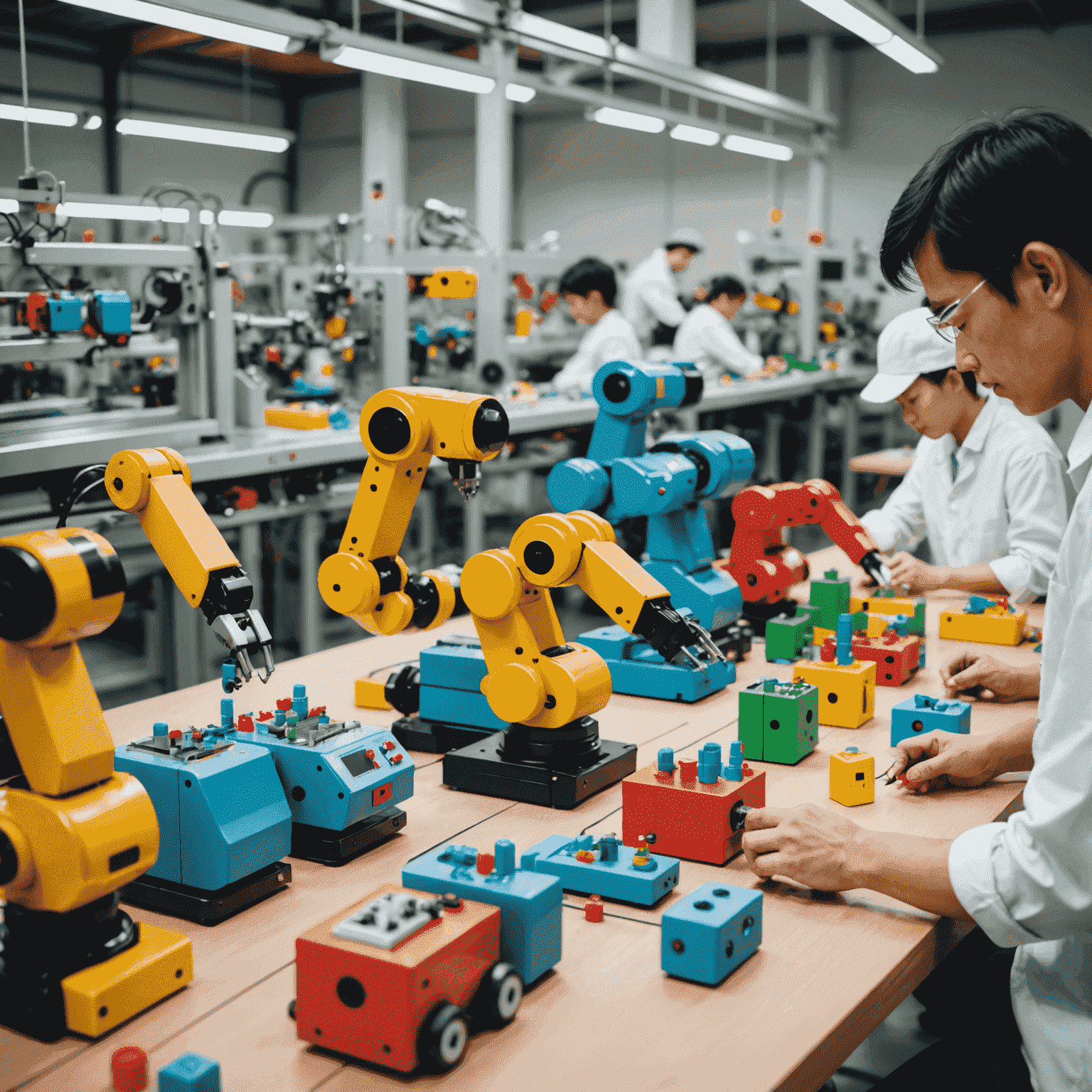 A small production line with workers carefully assembling colorful robot toys