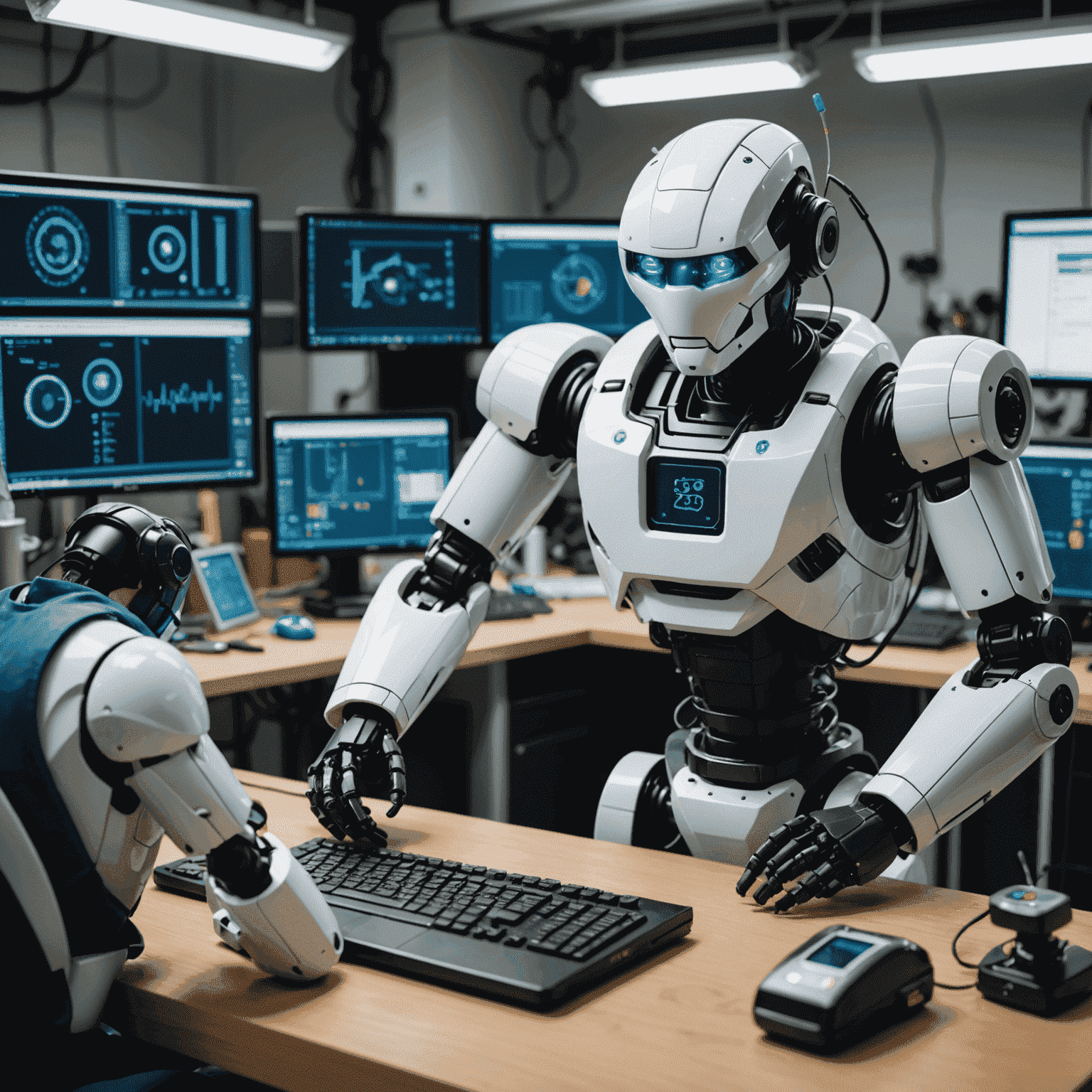 A technician updating software on a robot toy, with diagnostic tools and computer screens in the background